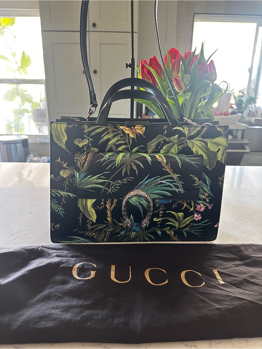 Authentic Gucci Black Botanical Print Top Handle Satchel with Green Accents rare